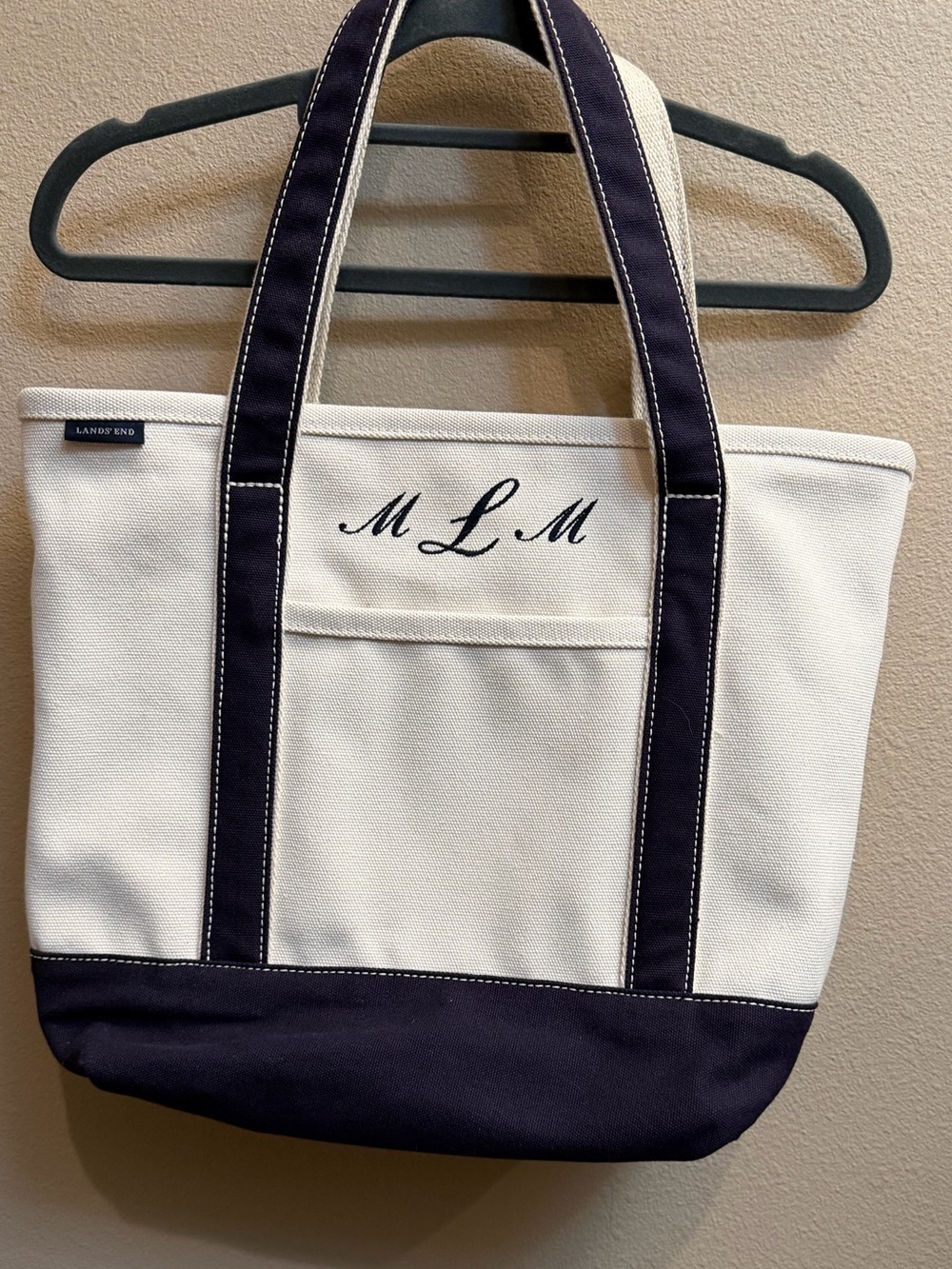 LANDS END Natural Canvas Tote Navy Accents Classic Durable Boat Monogram MLM